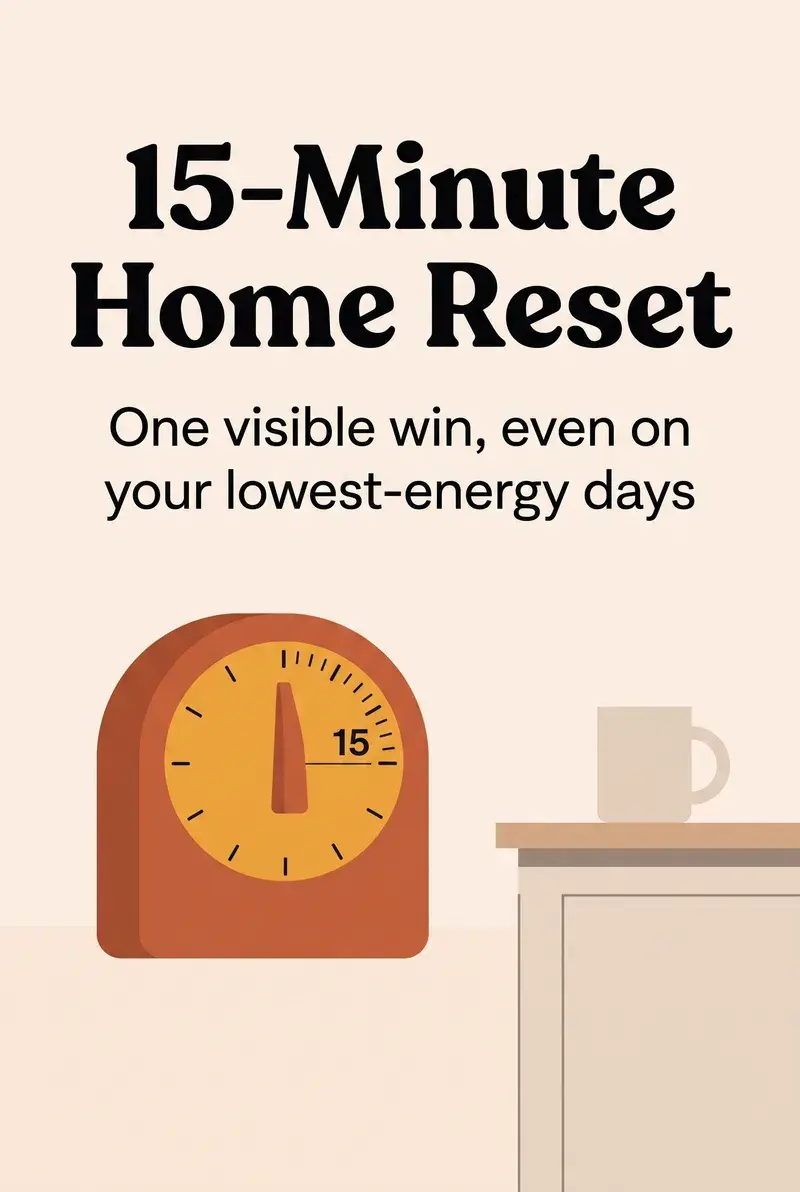 15-Minute Home Reset: one visible win, even on your lowest-energy days.
